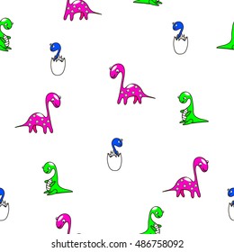 Adorable seamless pattern with funny dinosaurs in cartoon. Ideal for cards, invitations, party, banners, kindergarten, baby shower, preschool and children room decoration