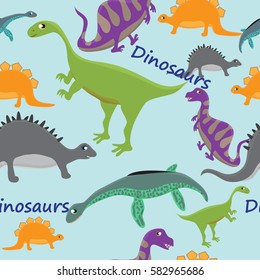 Adorable seamless pattern with funny dinosaurs in cartoon. 
