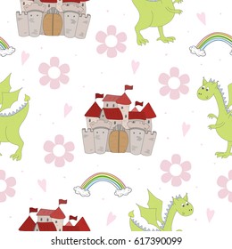 Adorable seamless pattern with funny dragons and castle in cartoon.