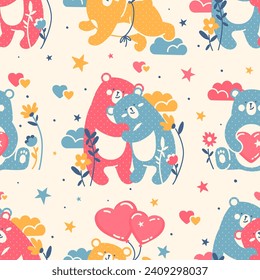 Adorable seamless pattern. Funny hand drawn doodle background with cute cuddle bears together, hearts and balloons. Naive Scandinavian style. 14 February, Valentine's Day concept. Hand drawn, not AI