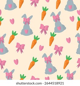 Adorable seamless pattern with gray bunnies, pink hearts, bows, and carrots on a light beige background. Ideal for kids’ products, Easter designs, packaging, and fabric