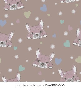 Adorable seamless pattern of hand-drawn French bulldog puppies with pastel hearts and stars on a taupe background—perfect for cozy kids' bedding, wrapping paper and playful room decor.