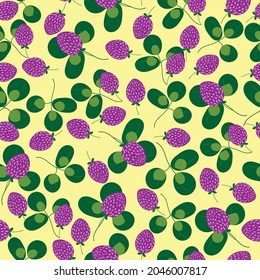 Adorable seamless pattern inspired by nature beauty. Pink clover bloom ,green leaves on yellow background. Ideal for print on textile or stationary.