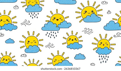 Adorable seamless pattern of kawaii suns and clouds with various weather expressions: sunny, rainy, windy, and shy. Perfect for children's designs