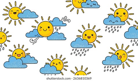 Adorable seamless pattern of kawaii suns and clouds with various weather expressions: sunny, rainy, windy, and shy. Perfect for children's designs