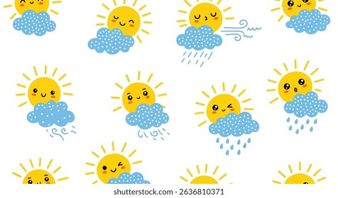 Adorable seamless pattern of kawaii suns and clouds with various weather expressions: sunny, rainy, windy, and shy. Perfect for children's designs