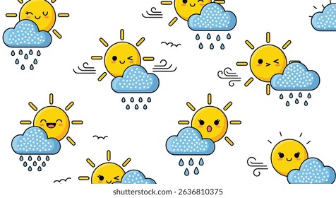 Adorable seamless pattern of kawaii suns and clouds with various weather expressions: sunny, rainy, windy, and shy. Perfect for children's designs