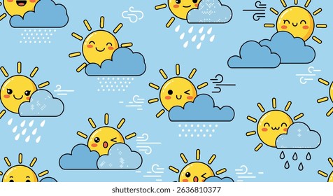 Adorable seamless pattern of kawaii suns and clouds with various weather expressions: sunny, rainy, windy, and shy. Perfect for children's designs