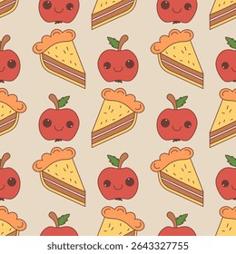 Adorable seamless pattern with kawaii-style apples with smiling faces and slices of pie on a soft beige background. Perfect for autumn, Thanksgiving, harvest season