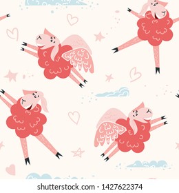 Adorable seamless pattern for kids clothes, textile, coverage and other print. Hand drawn flying in the sky sheeps with angel wings and dancing sheeps in different poses in beige background.