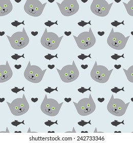 Adorable seamless pattern with light grey cat`s round head with big round green eyes, black nose and sharp ears, grey hearts and grey fishes isolated on light grey background
