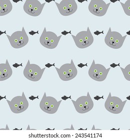 Adorable seamless pattern with light grey cat`s round head with big round green eyes, black nose and sharp ears and grey fishes isolated on light grey background. For wallpaper, wrapping paper