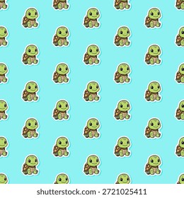  Adorable patrón sin fisuras de pequeñas tortugas de dibujos animados verdes en un estilo de pegatina kawaii sobre un fondo azul. Ideal para la decoración náutica del vivero, la tela de los niños y el Fondo de pantalla de verano.