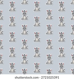  Adorable patrón sin fisuras de pequeñas cebras de dibujos animados a rayas en un estilo de pegatina kawaii sobre un fondo gris. Ideal para la decoración de la guardería de safari, tela para niños y Fondo de pantalla de animales.