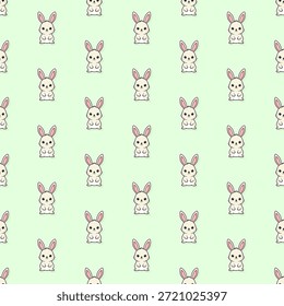 Adorable patrón sin fisuras de pequeños conejos de dibujos animados blancos en un estilo de pegatina kawaii sobre un fondo verde. Perfecto para la Pascua, decoración de la guardería, la tela de los niños y el Fondo de pantalla.