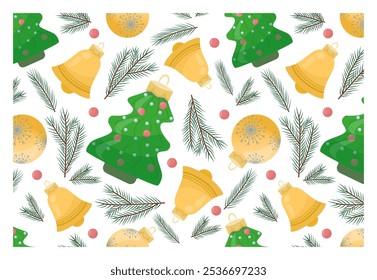 Adorável padrão sem emenda com brinquedos de Ano Novo e ramos de abeto. Ilustração vetorial em estilo plano. Para papel, banners, cartões e pacotes