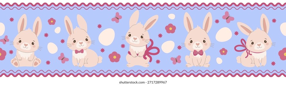 Adorável coelhinhos rosa padrão sem costura com arcos cercados por ovos coloridos e flores em um fundo azul. Perfeito para projetos com tema de Páscoa e ideias de decoração. Ilustração vetorial.