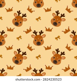 Adorable seamless pattern with reindeer ,crown, and yellow bow on a light yellow background. Cute cartoon style design is ideal for children's products, gift wrapping paper, wallpaper.