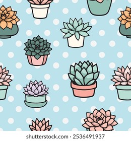 Adorable seamless pattern with several different types of succulents planted in cute pots in pastel colors. Light blue background with white dots.