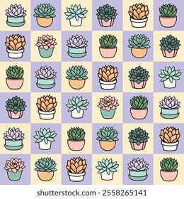 Adorable seamless pattern with several different types of succulents planted in cute pots in pastel colors. Squared background.