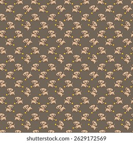 Adorable seamless pattern showcasing playful puppies with yellow balls on a warm muted brown background. Perfect for children’s textiles, pet products, nursery decor, playful stationery, and friendly 