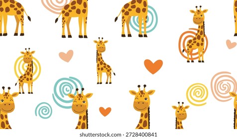Adorable seamless pattern of smiling giraffes, orange hearts, and colorful swirls, perfect for children's wallpaper or fabric design.