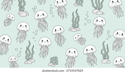 Adorável padrão sem emenda com águas-vivas sorridentes e algas verdes sob o mar em um fundo azul claro.