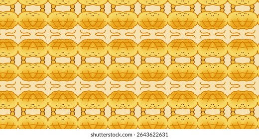 Adorable seamless pattern of smiling melon pan with brighter tones and detailed shading. Perfect for backgrounds, stationery, or food-related merchandise. Kawaii, bun, sweet, cute, seamless.