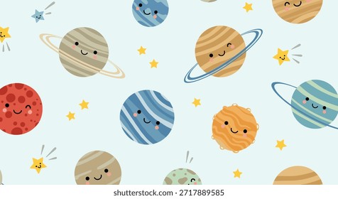 Adorable seamless pattern of smiling planet characters, Saturn, Mars, and shooting stars on a light blue cosmic background for kids.