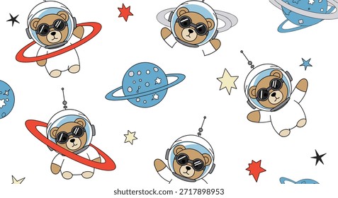 Adorable patrón sin fisuras con los astronautas del oso de peluche que llevan gafas y flotan entre los planetas coloridos y las estrellas en el espacio exterior.
