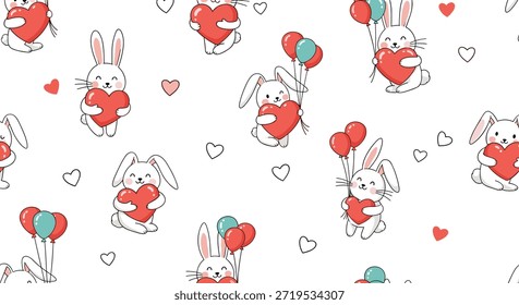 Adorável padrão sem emenda com coelhos brancos segurando corações vermelhos e balões coloridos isolados em um fundo branco.