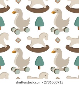 Adorable seamless pattern with wooden duck pull toys, rocking horses, and small trees in soft neutral colors. Perfect for nursery design, kids textiles, wrapping paper, and baby shower decor.