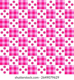 Adorable seamless plaid checkered gingham pattern pink background with pink daisy flowers . Texture for picnic ,blanket ,tablecloth, paper, wrap, cloth pattern, blouses, dresses skirts, kid clothing.