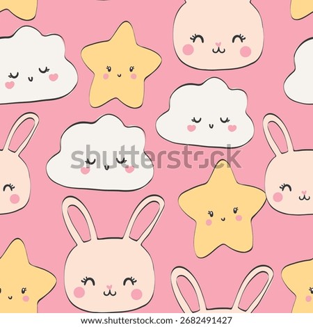 Adorable seamless print pattern  cute rabbits, happy stars, smiling clouds, and playful pastel elements. Soft pink and beige tones with lovely children’s collection. Seamless print pattern graphic tee