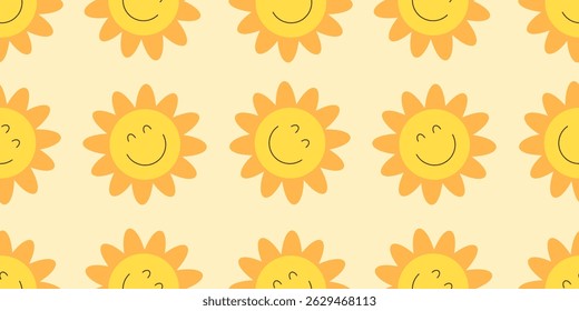 Adorable seamless summer pattern featuring cheerful sun emoticons with smiley faces. Bright and playful design ideal for kids wallpapers, fabric prints, wrapping paper, and backgrounds