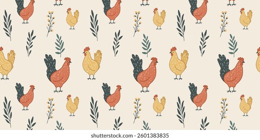 Adorable seamless vector background with organic hens