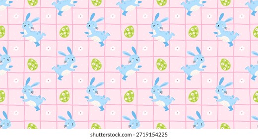 Adorable seamless vector pattern with bunnies, rabbits, and Easter eggs, ideal for wrapping paper, textiles, and cozy nursery spaces