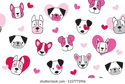 An adorable seamless vector pattern of doggies, puppies, and pets celebrating Valentines Day with hearts.