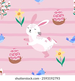 Adorable seamless vector pattern with Easter bunnies, eggs, and nests in soft pastel shades, perfect for textile designs, holiday decorations, and children s apparel