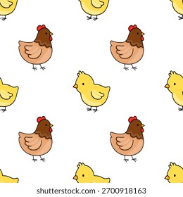 Adorable seamless vector pattern featuring cute cartoon chickens and chicks with simple outlines and flat, warm color palette, perfect for whimsical designs.