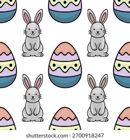 Adorable seamless vector pattern featuring cute grey bunnies and brightly colored, wavy-patterned Easter eggs on a clean white background.