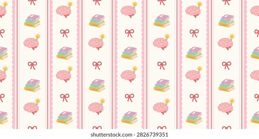 Adorable seamless vector pattern featuring cute brains with lightbulbs books and ribbons on a pastel pink striped background ideal for education and study themes