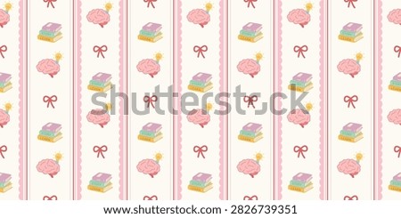 Adorable seamless vector pattern featuring cute brains with lightbulbs books and ribbons on a pastel pink striped background ideal for education and study themes