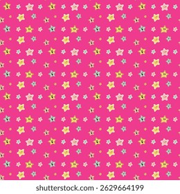 Adorable seamless vector pattern with hand-drawn cartoon stars in various expressions and pastel shades, scattered over a bold pink backdrop. Perfect for kids’ products, party supplies, stationery