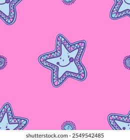 Adorable Seamless Vector Pattern with Smiling Stars in Soft Pink, Blue, and Purple Pastel Shades