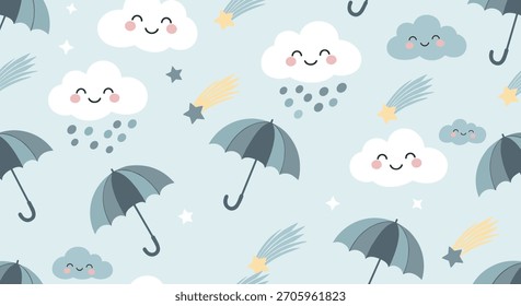 Bezauberndes, nahtloses Wettermuster mit süßen, lächelnden Wolken, Regenschirmen und Sternschnuppen auf weichem, hellblauem Himmelhintergrund für Kinder.