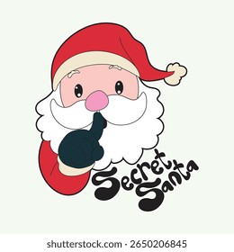 Adorable Secret Santa holding finger to lips with shhh gesture, ideal for holiday greeting cards, festive stickers, cheerful winter decorations, seasonal designs, and fun Christmas art