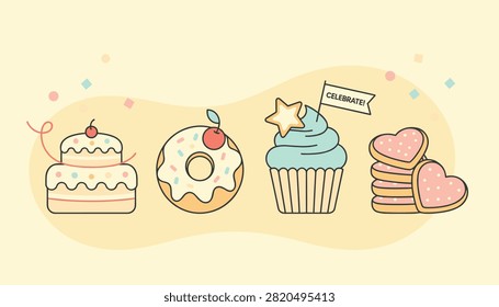Adorable selection of sweet pastries including a double tiered cake donut cupcake and stack of pink heart shaped cookies.