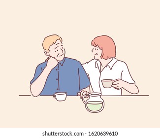 Adorable senior couple drinking from mugs. Hand drawn style vector design illustrations.