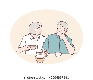 Adorable senior couple drinking from mugs. Hand drawn style vector design illustrations.